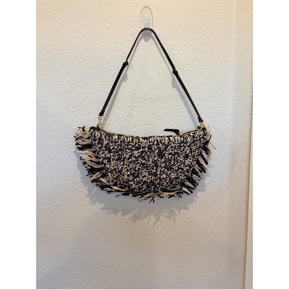 Clare V. Lune Black Cream Raffia Fringe Crescent Shoulder Bag - Picture 3 of 8